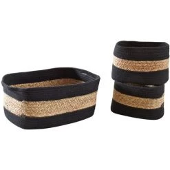 AUBRY GASPARD Corbeilles Rectangulaires En Jacinthe Et Coton (Lot De 3) Noir - Naturelle Et Noire