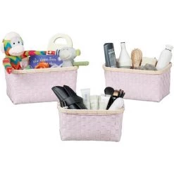 Relaxdays Boîte De Rangement Lot De 3 Paniers Tressés PP Bambou Salle De Bain Cosmétiques Corbeille, Rose