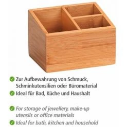 WENKO Rangement Salle De Bain Maquillage Terra, Rangement Maquillage Bois Avec 3 Compartiments, Bambou, 12x8,5x9 Cm, Marron -Petit rangement Soldes Magasin 15892826 3