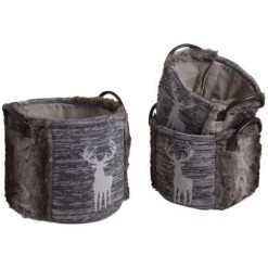 AUBRY GASPARD Corbeilles De Rangement Rondes Motif Cerf Avec Fourrure Synthétique Et Poignées (Lot De 3) Marron - Marron