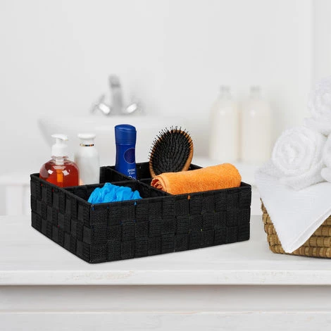 Relaxdays Corbeille De Rangement Avec 4 Compartiments, Stockage De Cosmétique, Salle De Bain, 10 X 32 X 27 Cm, Noir 4 Relaxdays Corbeille De Rangement Avec 4 Compartiments, Stockage De Cosmétique, Salle De Bain, 10 X 32 X 27 Cm, Noir – Image 2