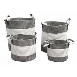 MEUBLETMOI Lot De 4 Paniers Rond En Corde De Coton Marron Et Blanc - COTON - Gris