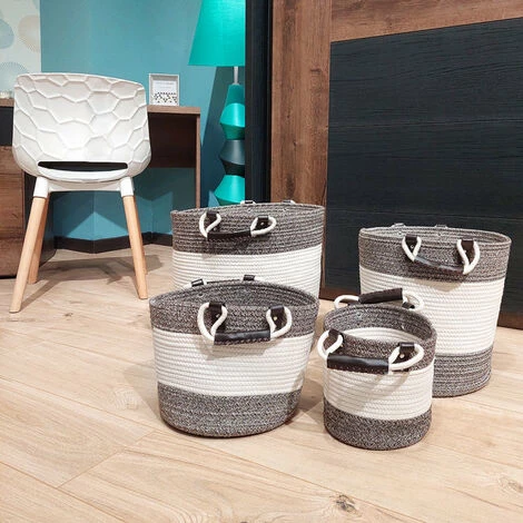 MEUBLETMOI Lot De 4 Paniers Rond En Corde De Coton Marron Et Blanc - COTON - Gris 4 MEUBLETMOI Lot De 4 Paniers Rond En Corde De Coton Marron Et Blanc - COTON - Gris – Image 2