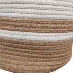 MEUBLETMOI Lot De 5 Paniers Ronds Marron Et Blanc Avec Poignées Bois - COTON - Blanc -Petit rangement Soldes Magasin 18620694 5