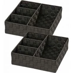 WENKO Organiseur Salle De Bain, Boite De Rangement Adria, Avec 4 Compartiments, Lot De 2, Polypropylène, 32x10x32 Cm, Noir