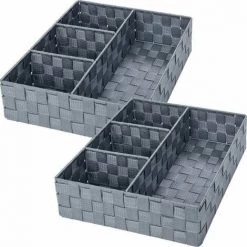 WENKO Organiseur Salle De Bain, Boite De Rangement Adria, Avec 4 Compartiments, Lot De 2, Polypropylène, 32x10x32 Cm, Gris