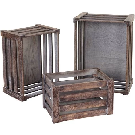 Set De 3 Paniers En Bois HHG-804 ~ Brun Shabby 3 Set De 3 Paniers En Bois HHG-804 ~ Brun Shabby