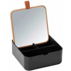 WENKO Boite Rangement Maquillage Bovisa, Boite à Bijoux Avec Miroir, Plastique - Bambou, 4 X 5,5 X 14 Cm, Noir