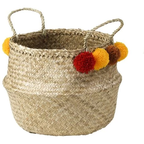 CASAME Panier Tressé En Jonc De Mer Rond Avec Pompons - Rouges Et Jaunes - Casâme - Beige 3 CASAME Panier Tressé En Jonc De Mer Rond Avec Pompons - Rouges Et Jaunes - Casâme - Beige