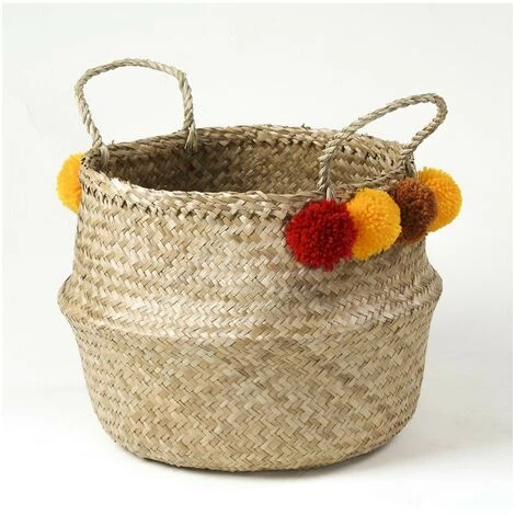 CASAME Panier Tressé En Jonc De Mer Rond Avec Pompons - Rouges Et Jaunes - Casâme - Beige 4 CASAME Panier Tressé En Jonc De Mer Rond Avec Pompons - Rouges Et Jaunes - Casâme - Beige – Image 2