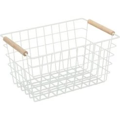 Relaxdays Panier Fil Métallique, Poignée En Bois, Carrée, Design Bois, Vêtements, Accessoires, HlP 16x31x21 Cm,blanc -Petit rangement Soldes Magasin 20031380 2