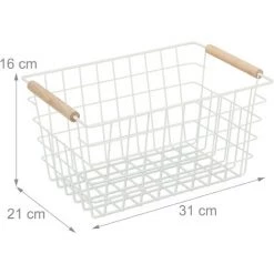 Relaxdays Panier Fil Métallique, Poignée En Bois, Carrée, Design Bois, Vêtements, Accessoires, HlP 16x31x21 Cm,blanc -Petit rangement Soldes Magasin 20031380 5