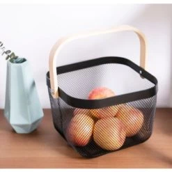 BRIDAY Rangement Organisateur Corbeille Avec Poignée En Bois Empilable Utilitaire En Métal Vintage Panier Pour Garde-Manger Cuisine Placard Salle De Bains Garde-Manger Armoires （Noir） -Petit rangement Soldes Magasin 31054977 2