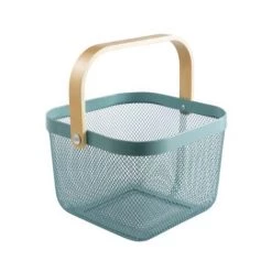 BRIDAY Rangement Organisateur Corbeille Avec Poignée En Bois Empilable Utilitaire En Métal Vintage Panier Pour Garde-Manger Cuisine Placard Salle De Bains Garde-Manger Armoires （bleu）
