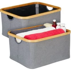 Relaxdays Boîte De Rangement Tissu, Lot De 2, Pliantes, Paniers, Poignée & Rebord En Bambou, 22,5 X 45,5 X 35,5 Cm, Gris
