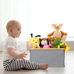 Relaxdays Boîte De Rangement Tissu, Lot De 2, Pliantes, Paniers, Poignée & Rebord En Bambou, 22,5 X 45,5 X 35,5 Cm, Gris -Petit rangement Soldes Magasin 31801308 3