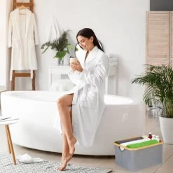 Relaxdays Boîte De Rangement Tissu, Lot De 2, Pliantes, Paniers, Poignée & Rebord En Bambou, 22,5 X 45,5 X 35,5 Cm, Gris -Petit rangement Soldes Magasin 31801308 4