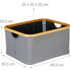 Relaxdays Boîte De Rangement Tissu, Lot De 2, Pliantes, Paniers, Poignée & Rebord En Bambou, 22,5 X 45,5 X 35,5 Cm, Gris -Petit rangement Soldes Magasin 31801308 5