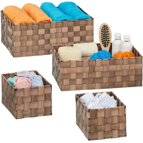 Relaxdays Panier Tressé Rangement, Lot De 4, Salle De Bain, Rectangulaires, 3 Tailles, Plastique, Marron 3 Relaxdays Panier Tressé Rangement, Lot De 4, Salle De Bain, Rectangulaires, 3 Tailles, Plastique, Marron
