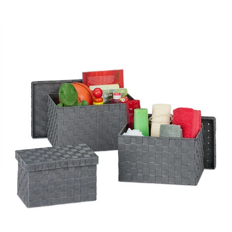 Relaxdays Lot De 3 Paniers De Rangement, Avec Couvercle, En 3 Tailles, Tressés, Plastique, Corbeille, Gris 3 Relaxdays Lot De 3 Paniers De Rangement, Avec Couvercle, En 3 Tailles, Tressés, Plastique, Corbeille, Gris