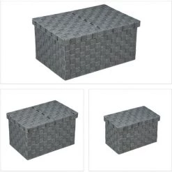 Relaxdays Lot De 3 Paniers De Rangement, Avec Couvercle, En 3 Tailles, Tressés, Plastique, Corbeille, Gris 8 Relaxdays Lot De 3 Paniers De Rangement, Avec Couvercle, En 3 Tailles, Tressés, Plastique, Corbeille, Gris -Petit rangement Soldes Magasin 31824717 2