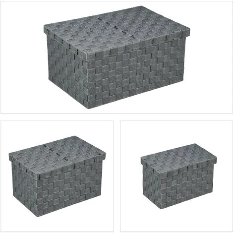 Relaxdays Lot De 3 Paniers De Rangement, Avec Couvercle, En 3 Tailles, Tressés, Plastique, Corbeille, Gris 4 Relaxdays Lot De 3 Paniers De Rangement, Avec Couvercle, En 3 Tailles, Tressés, Plastique, Corbeille, Gris – Image 2