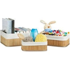 Relaxdays Boîte De Rangement En Bambou Lot De 3 Paniers Rectangles HxlxP 12,5 X 32 X 22 Cm Pour étagère Et Armoire, Nature