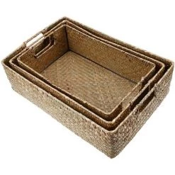 BARES Panier De Rangement Tiss&eacute; &agrave; La Main R&eacute;tro Paniers En Osier Rectangulaires Corbeille De Rangement Aux Algues Avec Poign&eacute;e - Taille M (Jaune) -Petit rangement Soldes Magasin 32814598 3