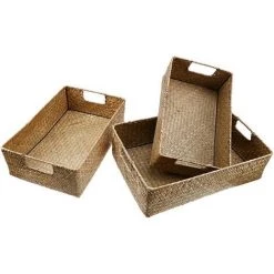 BARES Panier De Rangement Tissé à La Main Rétro Paniers En Osier Rectangulaires Corbeille De Rangement Aux Algues Avec Poignée - Taille M (Jaune) -Petit rangement Soldes Magasin 32814599 2