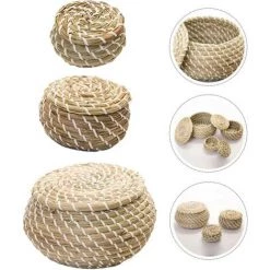 BARES 3 Pi&egrave;ces Panier Tiss&eacute; Jonc De Mer En Osier Rotin Paniers De Rangement Bo&icirc;te Rondes Paniers De Pique-Nique Paniers &agrave; Linge Avec Couvercle -Petit rangement Soldes Magasin 32814619 3
