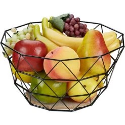 Relaxdays Corbeille à Fruits, Panier Décoratif, Légumes, Fer & Bois, Design Industriel, HxLxP : 14,5x28x28 Cm, Noir