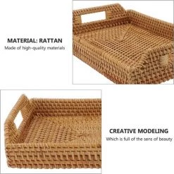BARES Rotin Plateaux Avec Découpe Poignées Rectangulaire Plateau De Service En Osier Panier Alimentaire Plateaux Pouf Plateau Pour Le Petit Déjeuner Boissons Aux Fruits Collation Café -Petit rangement Soldes Magasin 33784846 5