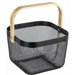 WENKO Corbeille Bambusa, Panier De Rangement Métallique Avec Poignée En Bois Bambou, Acier - Bambou, 25x17x25 Cm, Noir/bois