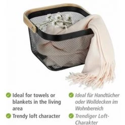 WENKO Corbeille Bambusa, Panier De Rangement Métallique Avec Poignée En Bois Bambou, Acier - Bambou, 25x17x25 Cm, Noir/bois -Petit rangement Soldes Magasin 34038557 3
