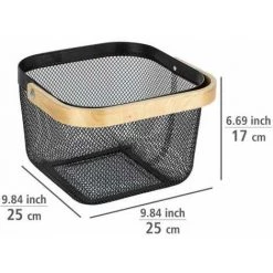 WENKO Corbeille Bambusa, Panier De Rangement Métallique Avec Poignée En Bois Bambou, Acier - Bambou, 25x17x25 Cm, Noir/bois -Petit rangement Soldes Magasin 34038557 4