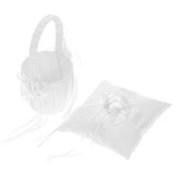 ASUPERMALL 7 * 7 Pouces Satin Blanc Ivoire Fleur Bowknot Anneau Porteur Oreiller Et De Fleur De Mariage Fille Panier Ensemble -Petit rangement Soldes Magasin 34344958 3