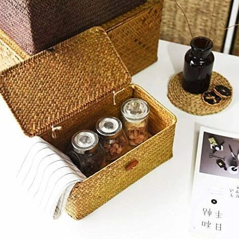 DEVENIRRICHE Panier De Rangement En Rotin En Jonc De Mer Avec Couvercle En Matériau Naturel (petit 26cmx16cmx10cm H) 5 DEVENIRRICHE Panier De Rangement En Rotin En Jonc De Mer Avec Couvercle En Matériau Naturel (petit 26cmx16cmx10cm H) – Image 3