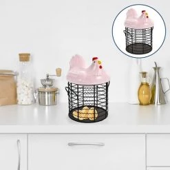 BARES Métal Fil Oeuf Panier De Poulet Forme Fil Corbeille De Fruits Avec Couvercle En Céramique Et Poignée Oeuf Titulaire D' Affichage Organisateur Pour La Cuisine Ferme，Rose -Petit rangement Soldes Magasin 35498445 3