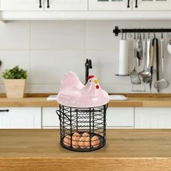 BARES Métal Fil Oeuf Panier De Poulet Forme Fil Corbeille De Fruits Avec Couvercle En Céramique Et Poignée Oeuf Titulaire D' Affichage Organisateur Pour La Cuisine Ferme，Rose -Petit rangement Soldes Magasin 35498445 5