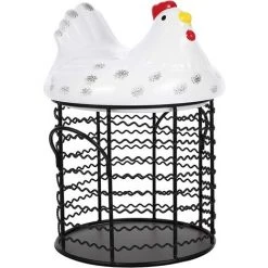 BARES Métal Fil Oeuf Panier De Poulet Forme Fil Corbeille De Fruits Avec Couvercle En Céramique Et Poignée Oeuf Titulaire D' Affichage Organisateur Pour La Cuisine Ferme，blanc