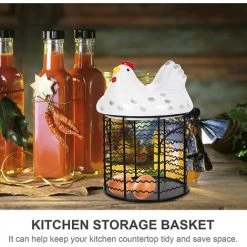 BARES Métal Fil Oeuf Panier De Poulet Forme Fil Corbeille De Fruits Avec Couvercle En Céramique Et Poignée Oeuf Titulaire D' Affichage Organisateur Pour La Cuisine Ferme，blanc -Petit rangement Soldes Magasin 35498446 3