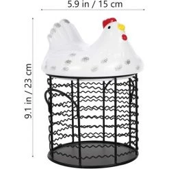 BARES Métal Fil Oeuf Panier De Poulet Forme Fil Corbeille De Fruits Avec Couvercle En Céramique Et Poignée Oeuf Titulaire D' Affichage Organisateur Pour La Cuisine Ferme，blanc -Petit rangement Soldes Magasin 35498446 4