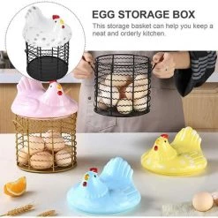 BARES Métal Fil Oeuf Panier De Poulet Forme Fil Corbeille De Fruits Avec Couvercle En Céramique Et Poignée Oeuf Titulaire D' Affichage Organisateur Pour La Cuisine Ferme，blanc -Petit rangement Soldes Magasin 35498446 5