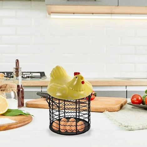 BARES Métal Fil Oeuf Panier De Poulet Forme Fil Corbeille De Fruits Avec Couvercle En Céramique Et Poignée Oeuf Titulaire D' Affichage Organisateur Pour La Cuisine Ferme,jaune 4 BARES Métal Fil Oeuf Panier De Poulet Forme Fil Corbeille De Fruits Avec Couvercle En Céramique Et Poignée Oeuf Titulaire D' Affichage Organisateur Pour La Cuisine Ferme,jaune – Image 2