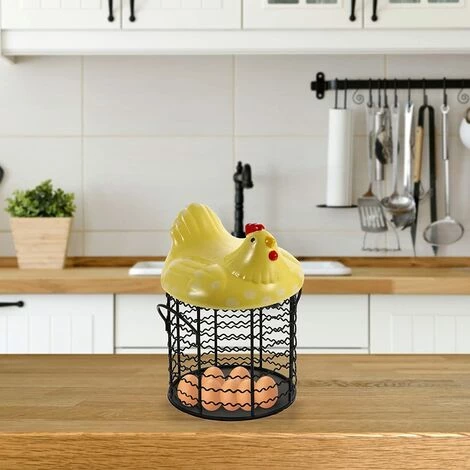 BARES Métal Fil Oeuf Panier De Poulet Forme Fil Corbeille De Fruits Avec Couvercle En Céramique Et Poignée Oeuf Titulaire D' Affichage Organisateur Pour La Cuisine Ferme,jaune 6 BARES Métal Fil Oeuf Panier De Poulet Forme Fil Corbeille De Fruits Avec Couvercle En Céramique Et Poignée Oeuf Titulaire D' Affichage Organisateur Pour La Cuisine Ferme,jaune – Image 4