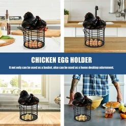 BARES Métal Fil Oeuf Panier De Poulet Forme Fil Corbeille De Fruits Avec Couvercle En Céramique Et Poignée Oeuf Titulaire D' Affichage Organisateur Pour La Cuisine Ferme，noir -Petit rangement Soldes Magasin 35498455 3
