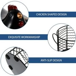 BARES Métal Fil Oeuf Panier De Poulet Forme Fil Corbeille De Fruits Avec Couvercle En Céramique Et Poignée Oeuf Titulaire D' Affichage Organisateur Pour La Cuisine Ferme，noir -Petit rangement Soldes Magasin 35498455 4