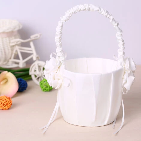HAPPYSHOPPING Panier De Fille De Fleur De Mariage En Satin Blanc Avec Decoration Florale Fournitures De Mariage 3 HAPPYSHOPPING Panier De Fille De Fleur De Mariage En Satin Blanc Avec Decoration Florale Fournitures De Mariage