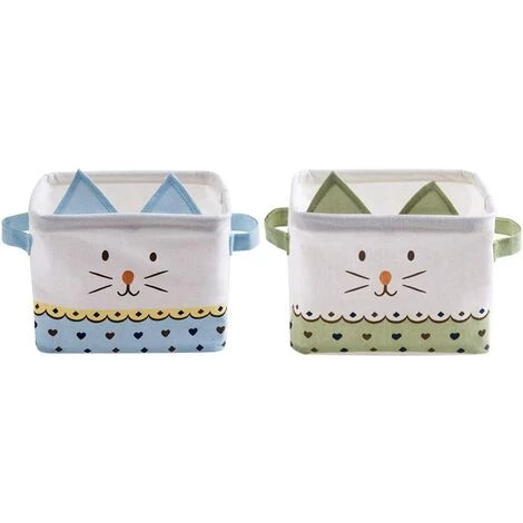 LONGZIMING Lot De 2 Paniers De Rangement Pliable En Coton Lin Petit Boîtes De Rangement Imperméable Pour Organiser Jouets Maquillages Accessoires - Chat Mignon, Bleu & Vert 3 LONGZIMING Lot De 2 Paniers De Rangement Pliable En Coton Lin Petit Boîtes De Rangement Imperméable Pour Organiser Jouets Maquillages Accessoires - Chat Mignon, Bleu & Vert