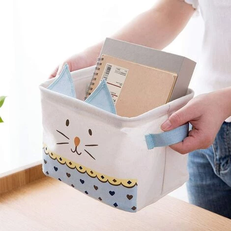 LONGZIMING Lot De 2 Paniers De Rangement Pliable En Coton Lin Petit Boîtes De Rangement Imperméable Pour Organiser Jouets Maquillages Accessoires - Chat Mignon, Bleu & Vert 6 LONGZIMING Lot De 2 Paniers De Rangement Pliable En Coton Lin Petit Boîtes De Rangement Imperméable Pour Organiser Jouets Maquillages Accessoires - Chat Mignon, Bleu & Vert – Image 4